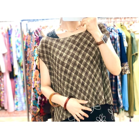 Vintage plaid sleeveless top【00952】