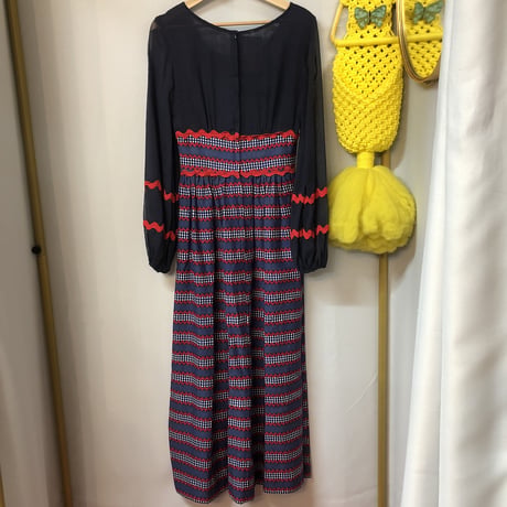 70s Navy balloon sleeve maxi dress【01225】