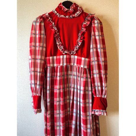 70s Gingham prairie style maxi dress【00467】