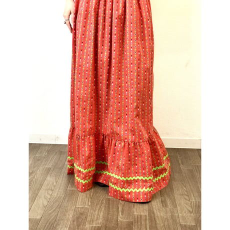 70s Red floral maxi dress【01314】