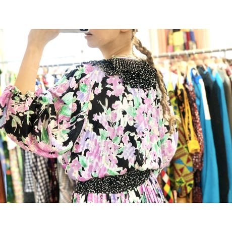80s Floral ruffle dress 【01216】
