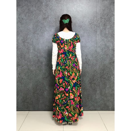 70s Butterfly and Flower dress【01448】