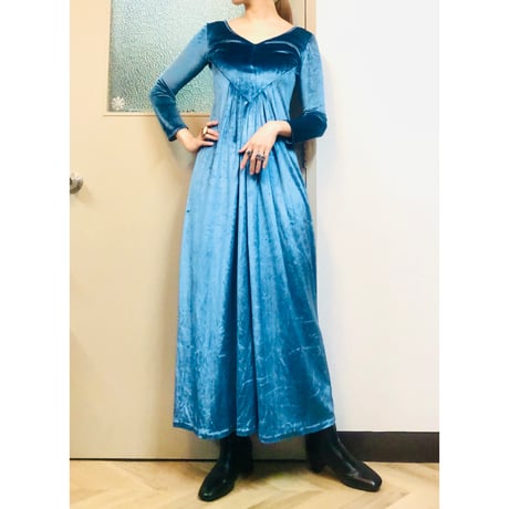 70s Blue velor maxi dress【01056】