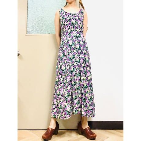 Vintage floral sleeveless long dress【00958】