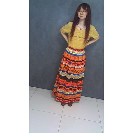 70s Orange floral maxi skirt【01452】