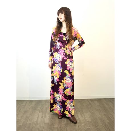 70s Burgundy floral maxi dress【01311】