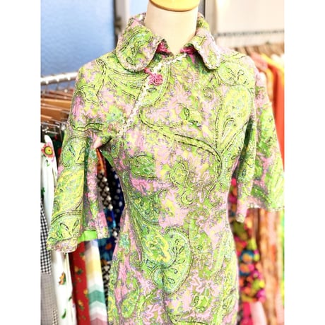 60s Green lace china dress【01214】