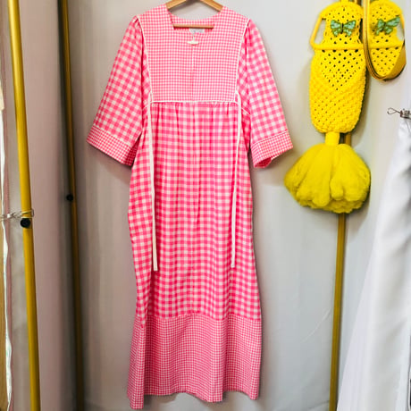 Vintage pink gingham maxi dress【01104】