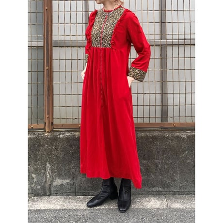 70s Red house maxi dress【01425】
