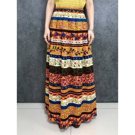70s Orange floral maxi skirt【01452】