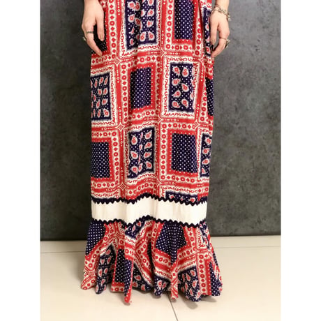 70s Bandana hippie maxi dress【01465】