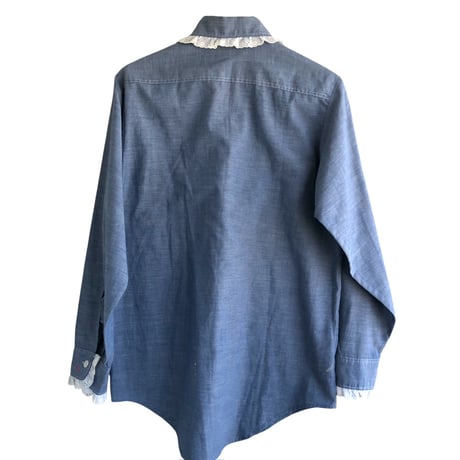 70s Butterfly paint chambray shirt【01292】