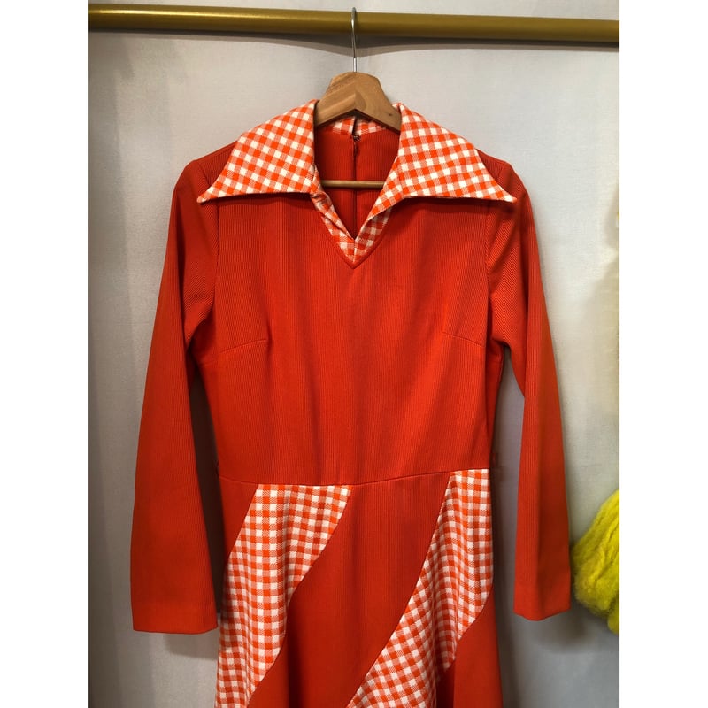 70s Orange gingham maxi dress【01039】 | Vintage