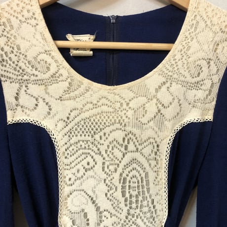 70s Navy prairie maxi dress【01224】