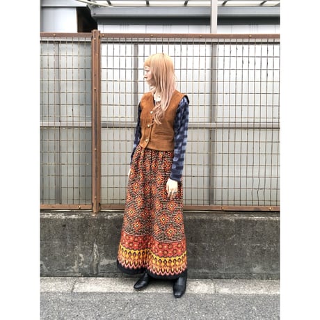 60s Orange floral quilted maxi skirt【01426】