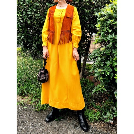60s Handmade yellow maxi dress【00394】