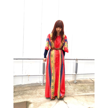 70s Red maxi dress【01075】