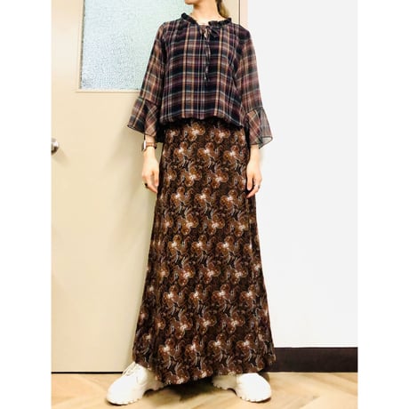 Brown plaid flare sleeve top【00899】