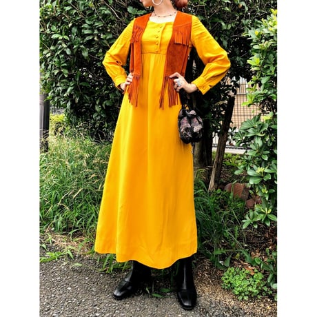 60s Handmade yellow maxi dress【00394】