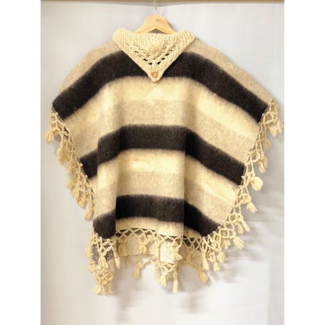 Vintage border wool poncho【00621】