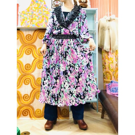 80s Floral ruffle dress 【01216】