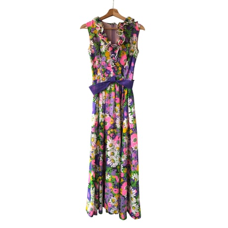 70s Purple floral sleeveless maxi dress【01313】
