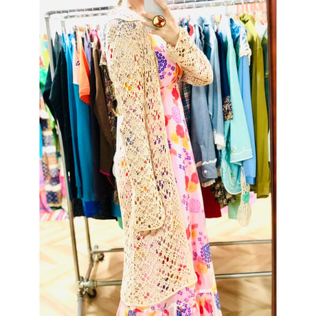 70s Biege crochet cardigan【00757】
