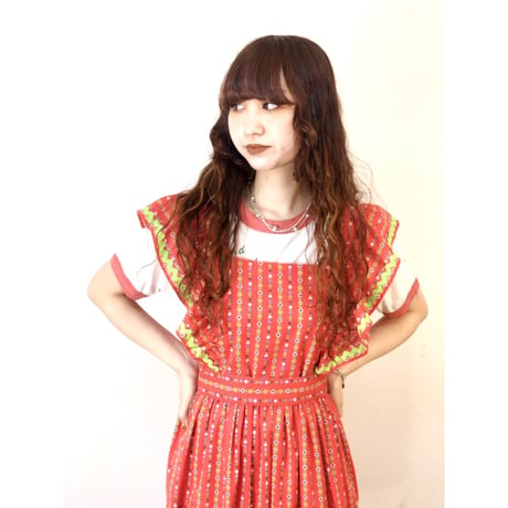 70s Red floral maxi dress【01314】