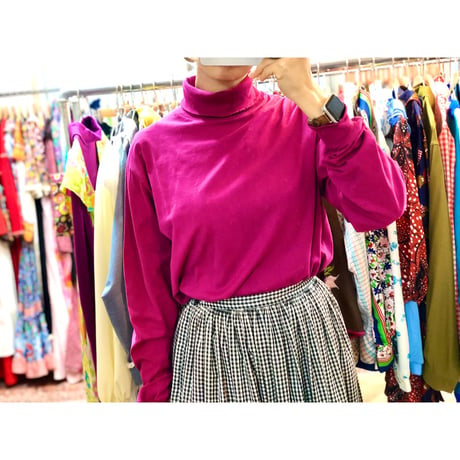 90s Turtleneck cotton top / PINK【01019】