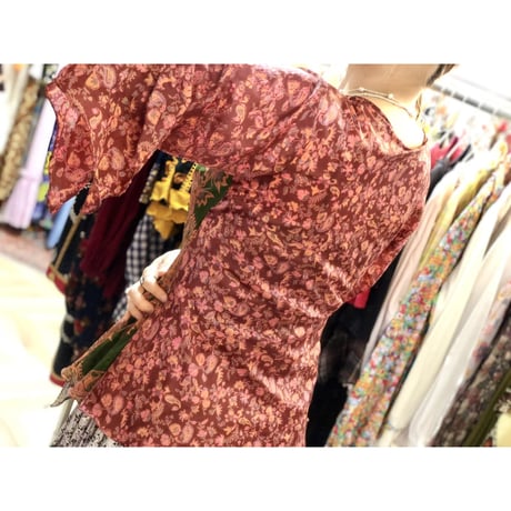 Vintage flare sleeve silk top【01198】