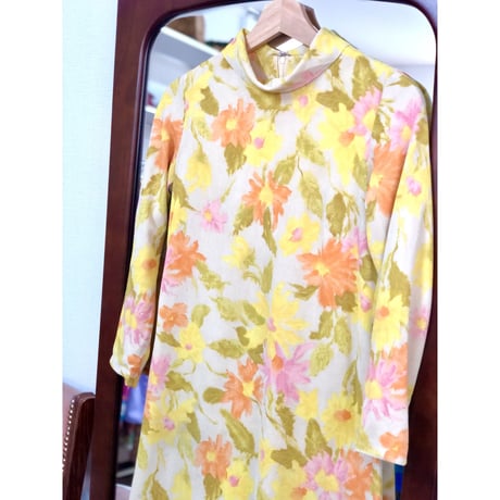 Vintage yellow floral mini dress【00907】