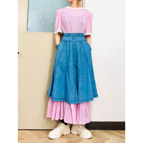 70s Purple gingham maxi dress with bonnet【00926】