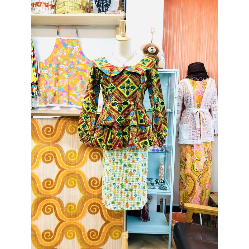 Green peplum african batik top【01178】 | Vintage