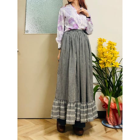 70s Black gingham maxi skirt【00598】