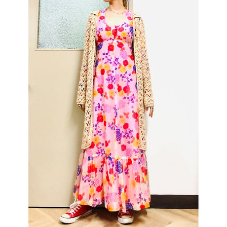 70s Hawaiian sheer maxi dress【00830】