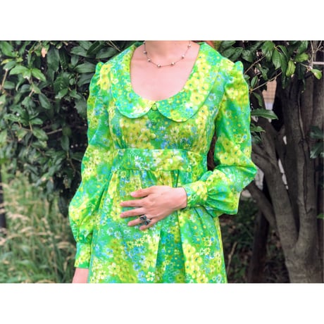 70s Lime green ｍaxi dress【00397】