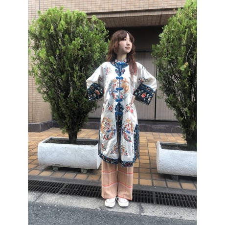 70s Orange plaid poly pants【01234】