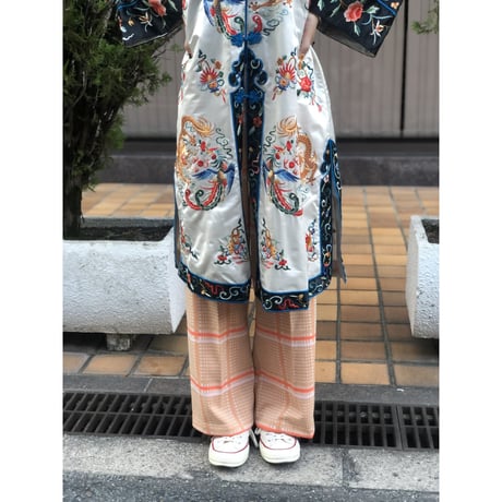 70s Orange plaid poly pants【01234】