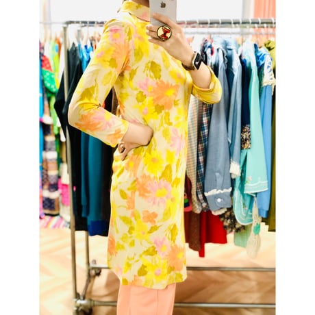 Vintage yellow floral mini dress【00907】