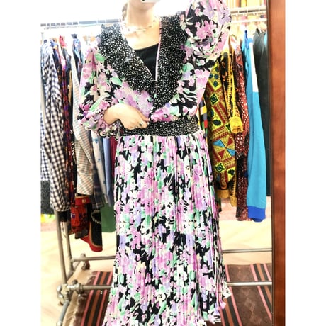 80s Floral ruffle dress 【01216】
