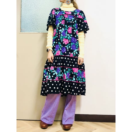 80s Floral and Dot dress【00734】
