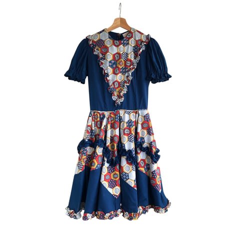 70s Navy patchwork printed midi dress【01316】