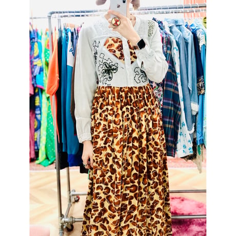 80s indian rayon leopard dress【00927】