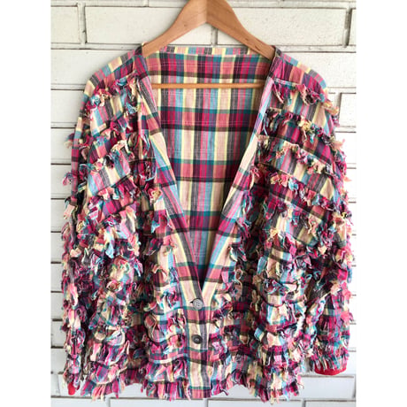 90s Red plaid fringe jacket【01326】