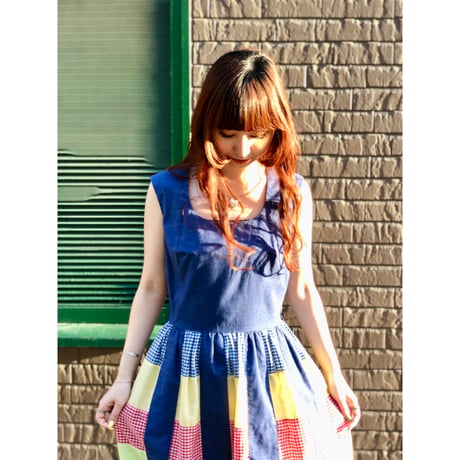 70s Sleeveless patchwork maxi dress【01101】