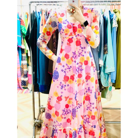 70s Hawaiian sheer maxi dress【00830】