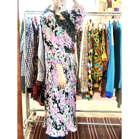 80s Floral ruffle dress 【01216】