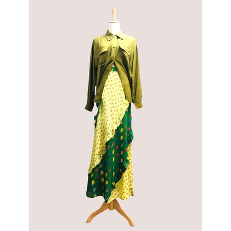 80s Green rayon blouse【00427】