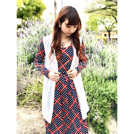 70s Dot & Floral maxi dress【01102】