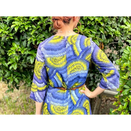 60s Blue african batik maxi dress【00278】